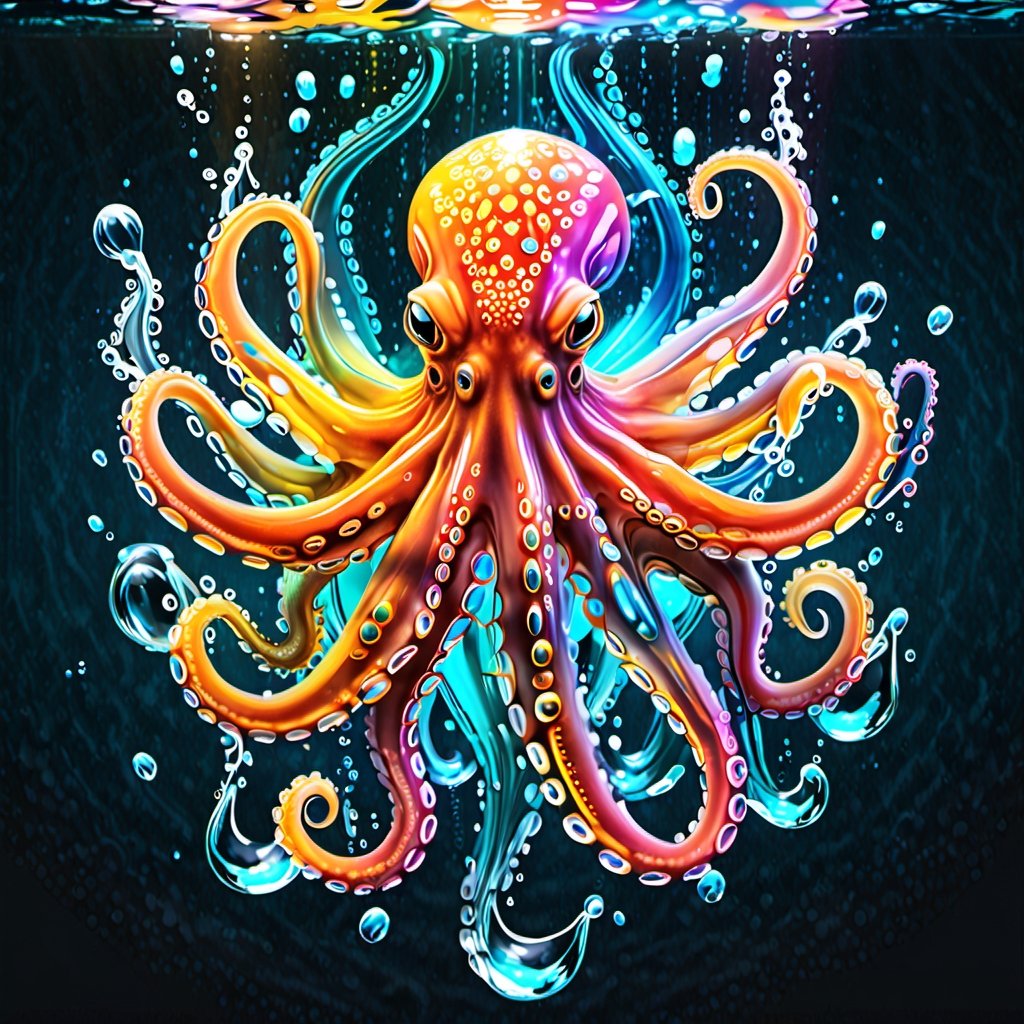 Create an original image consisting of a colorful biometric glowing octopus in a drop of water. Use the octopis glass-like colorful glowing transparent body as the perfect background.