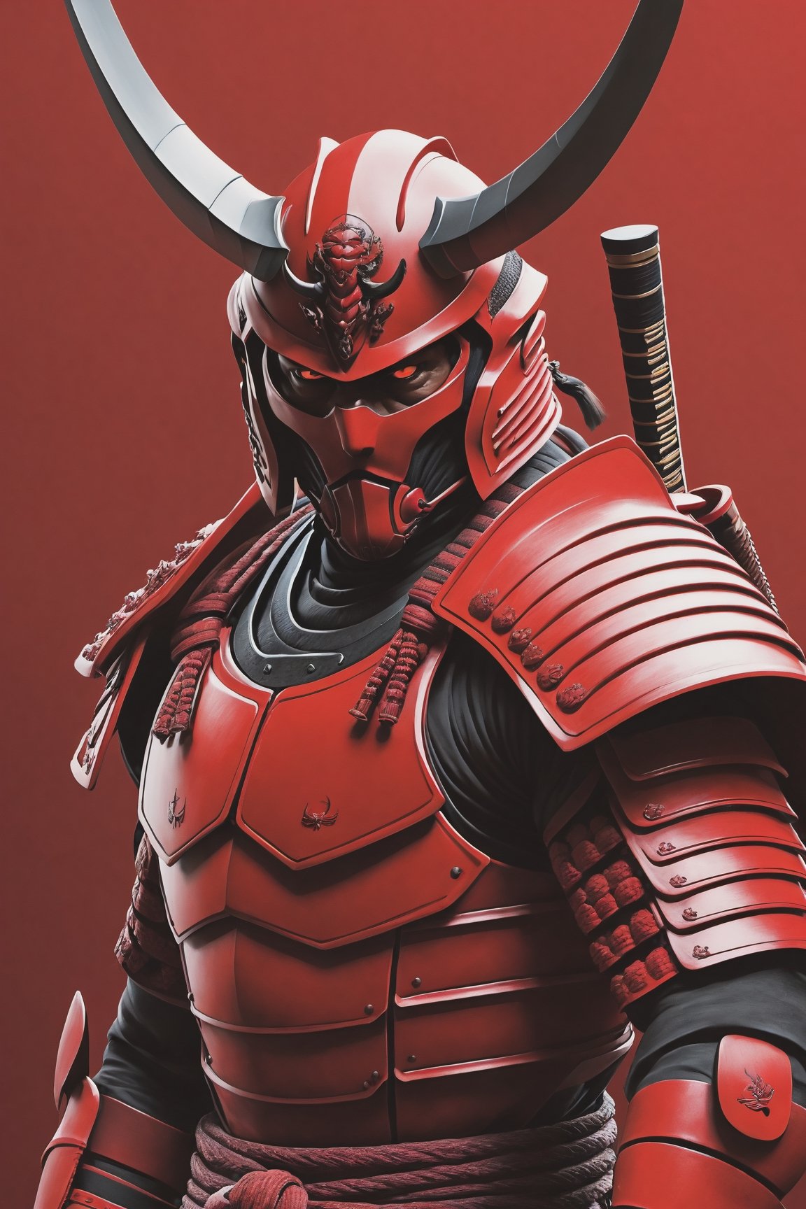 Photo realistic a red samurai with strong body looking like a red hornet, highly detailed background,photo r3al
