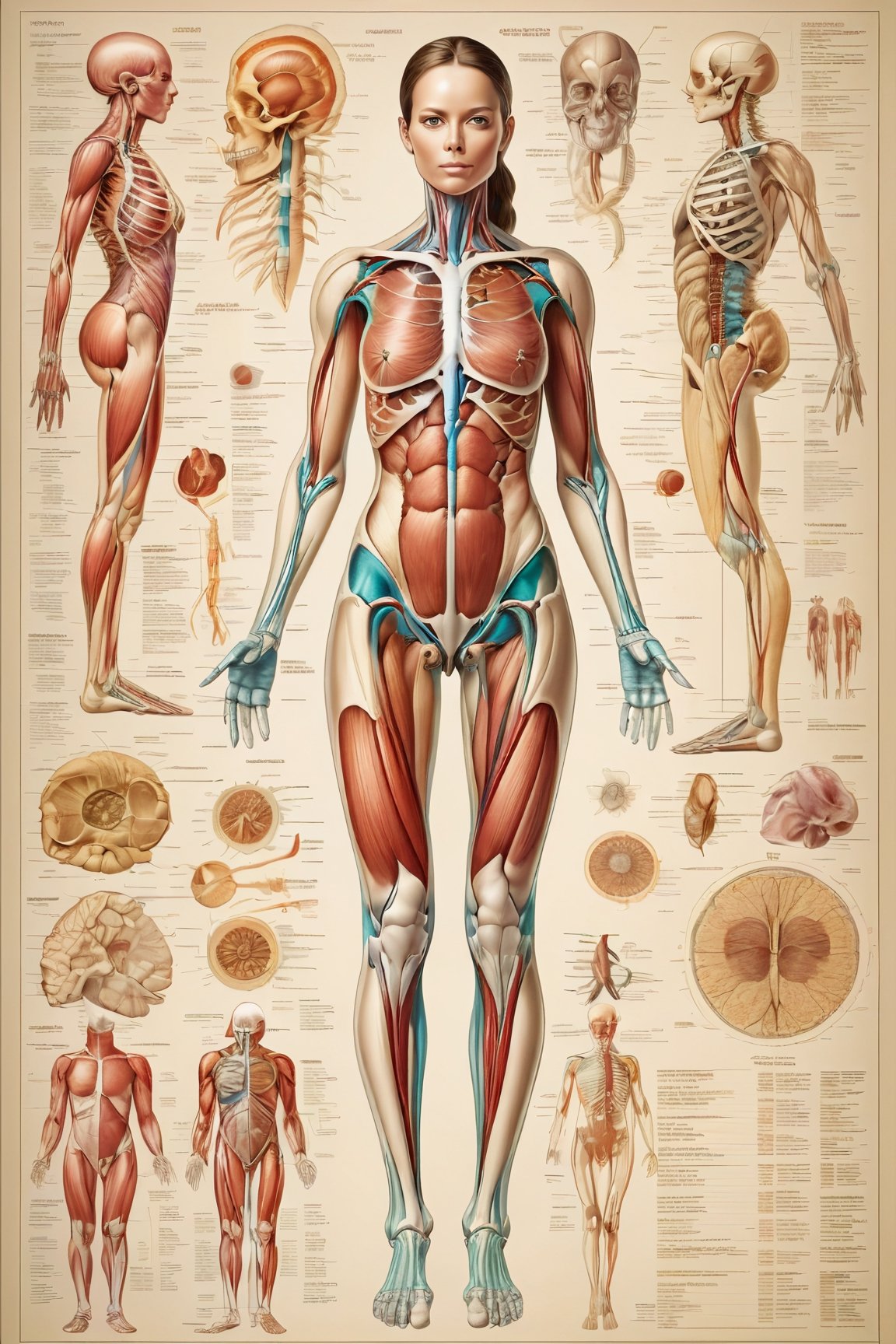A beautiful, detailed coloured full body anatomy chart of a Woman. muted coloured ink on light beige paper, diagrams showing biological anatomical details of woman Extreme biological detail, Original eyes, Illustration anatomical poster style, resolution 16k, 3d render, illustration, poster, painting