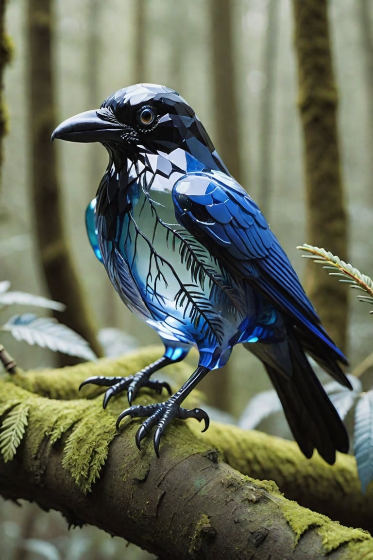 (Raw Photo:1.3) of (Ultra detailed:1.4) , (monster) 3d model of a glass Raven pearched on a branch in a forest , in the style of translucent layers, Blacks, blues, silvers, shohei otomo, selective focus, made of plastic, baroque animals, macro lens