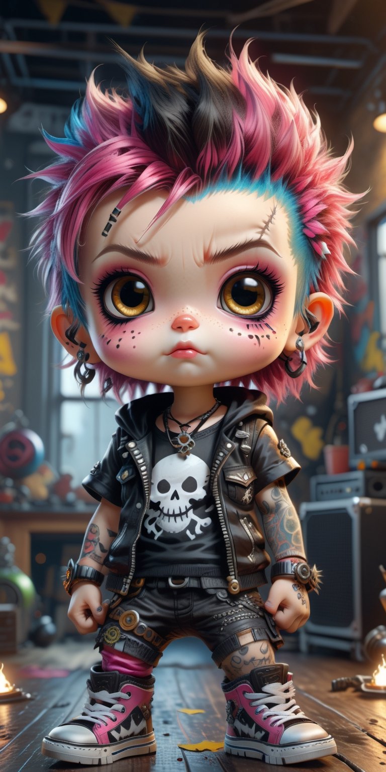 Create an adorable and super realistic 4K Ultra HDR image of a cute chibi-style Punk Rocker. This masterpiece should portray a character that's both super cute and incredibly detailed, offering a delightful blend of charm and high-quality artistic realism.