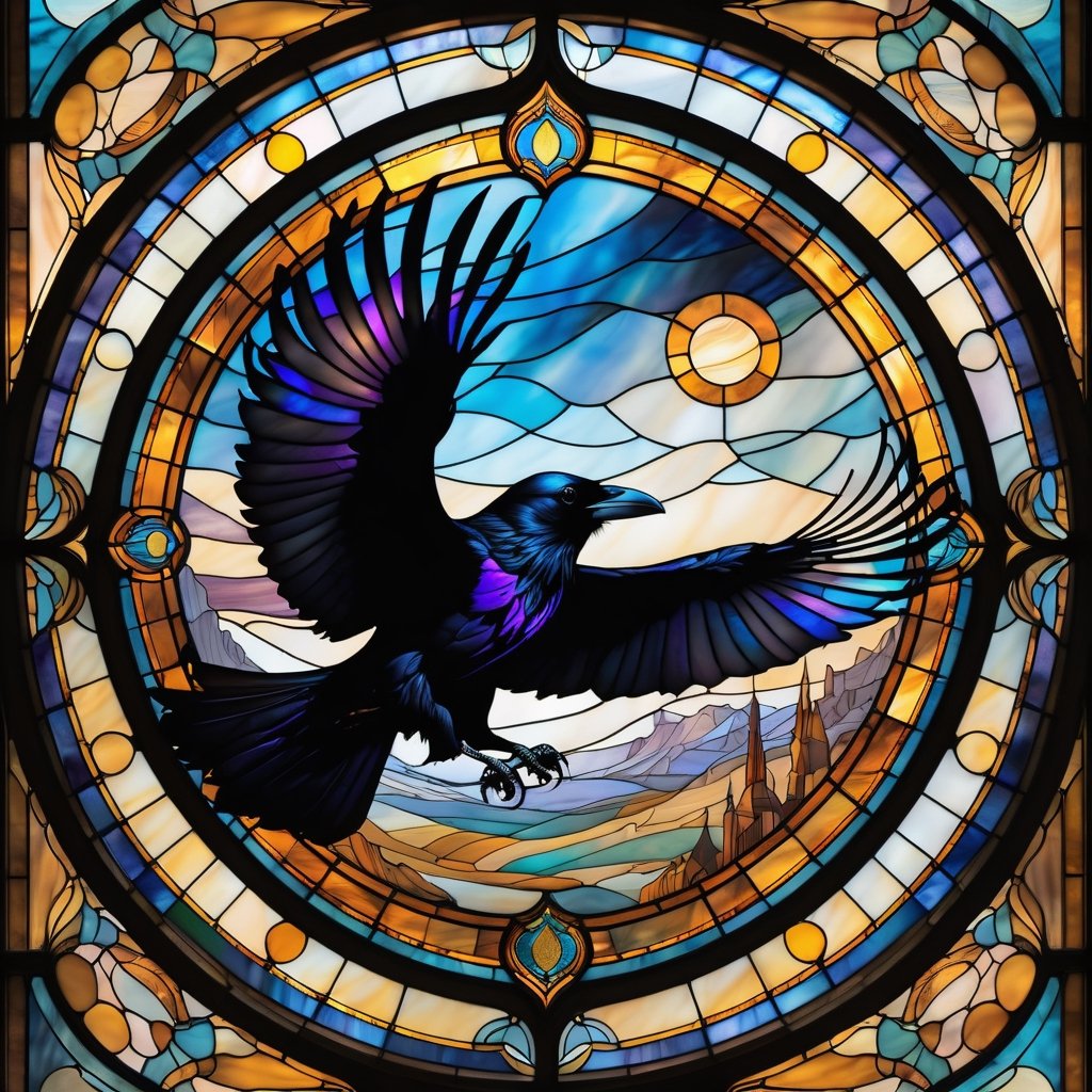 ultrawide shot of an image of a flying Raven on a stained glass window, in the style of colorful moebius, light amber, i can't believe how beautiful this is, elaborate landscapes, datamosh, expansive, hurufiyya