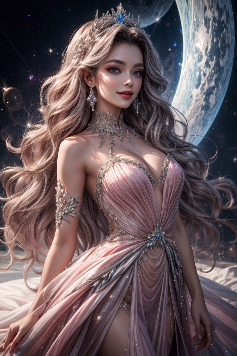 The ultimate space princess is a sight to behold, her flowing gown shimmers with ethereal hues of deep pink and silver, adorned with intricate lacework and embellished with sparkling gemstones. Her long hair cascades in iridescent waves, framing a face that radiates pure beauty and grace. resulting in a breathtaking masterpiece that leaves the viewer in awe.light smile,straight-on,