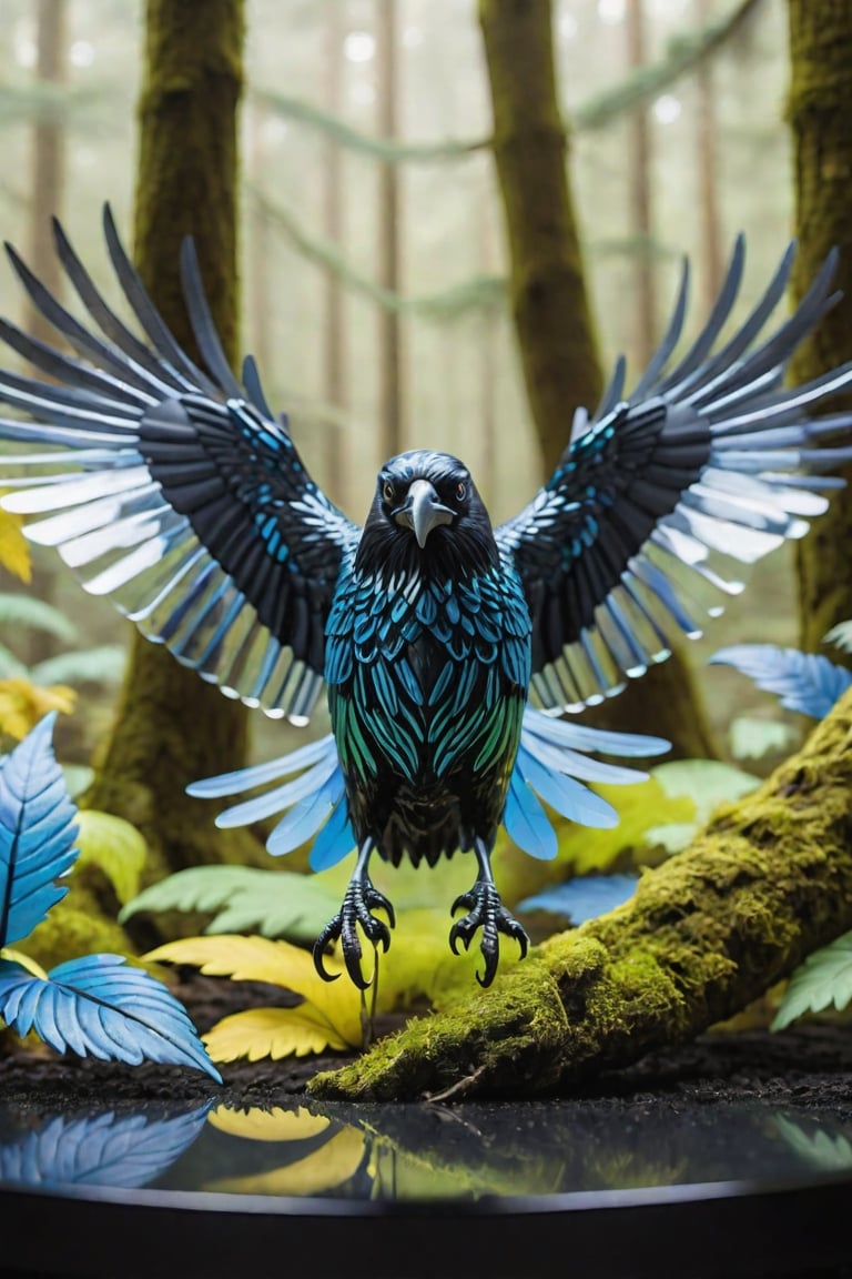 (Raw Photo:1.3) of (Ultra detailed:1.3) , (monster) 3d model of a transparent glass Raven flying in a forest , in the style of translucent layers, Blacks, blues, greens, yellows, silvers, shohei otomo, selective focus, made of plastic, baroque animals, macro lens