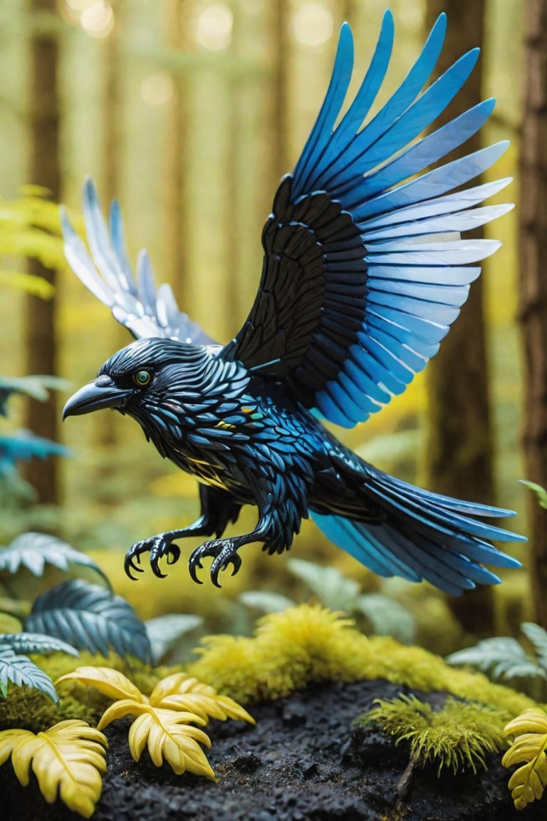 (Raw Photo:1.3) of (Ultra detailed:1.3) , (monster) 3d model of a glass Raven flying in a forest , in the style of translucent layers, Blacks, blues, greens, yellows, silvers, shohei otomo, selective focus, made of plastic, baroque animals, macro lens