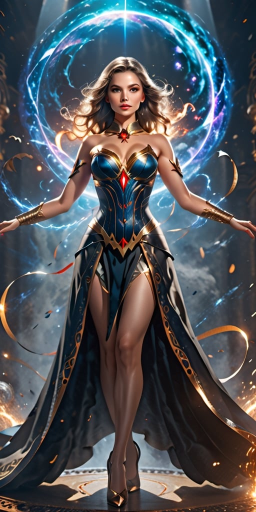 Ultrawide shot Illustration, a captivating image of a beautiful woman wielding magic in a spellbinding display. Showcase her power and grace as she manipulates magical forces, creating an image that radiates elegance and mystique,DonMDj1nnM4g1cXL , ((perfect face, perfect eyes, perfect hands, perfect body, perfect legs,)), ((best_highly_detailed_image)), 