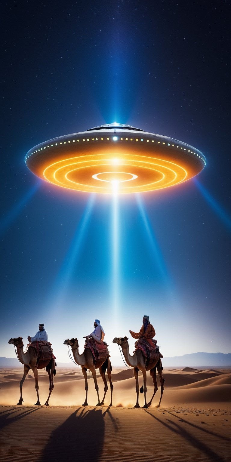 The three wise men of Orient ride their camels through the (dark) desert in a single line, one  behind the other, on a dark desert night. Above them, an incandescent (flying saucer:1.3) with halos and multicolored flares, guides them from the sky. Apply Perspective. ("Close Encounters of the third kind" film style:1.6)
((Masterpiece, 8k,  photorealistic,  intricate details, high_resolution, highest quality)) ,yofukashi background,more detail XL,Movie Still,EpicSky,cloud