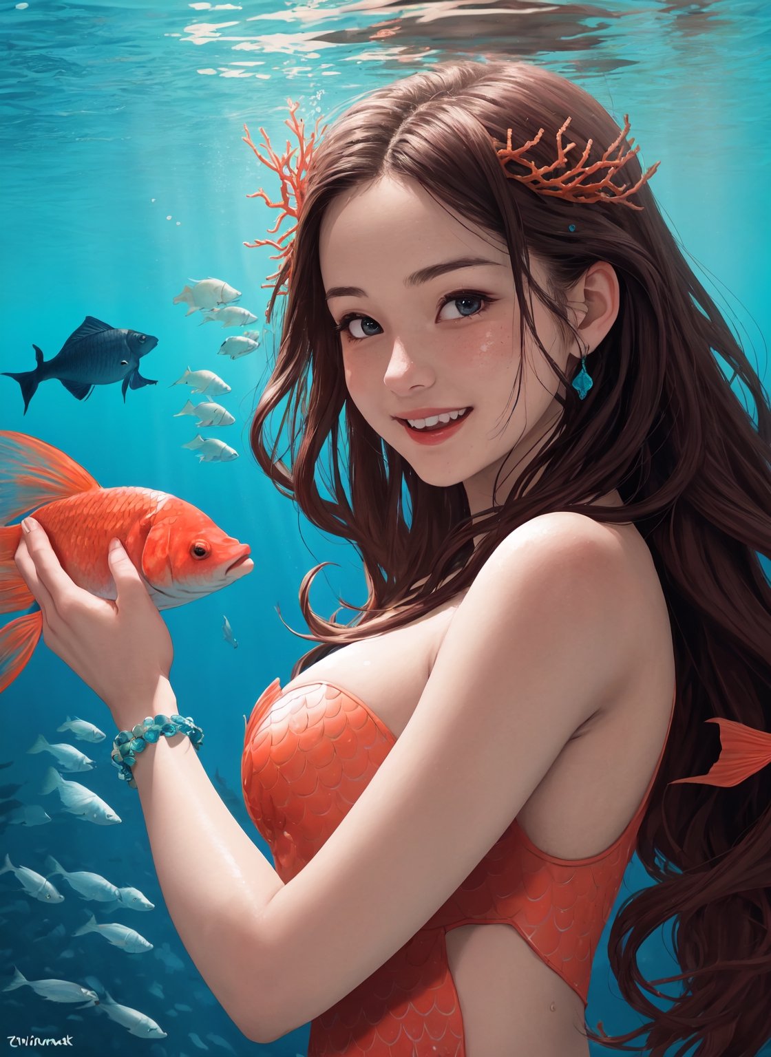  2girl mermaid, masterpiece , dancing, underwater graceful, viridian gradient fish scale body, perfect, realistic, symmetrical, beautiful smiling face, insanely detailed facial expression, hyper-realistic hands waving to viewers.background fish and coral shipwreck