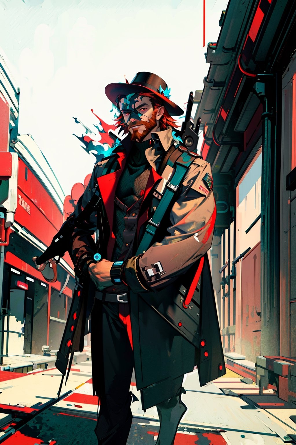 masterpiece,, (masterpiece, best quality:1.5), Handsome man wearing slick collared red trench coat , red full beard ,  turtle neck , neck-length red hair, wearing a red fedora , futuristic skyscrapers in the background ,] buildings , red glowing eye, [(white background:1.15)] ,weapon,midjourney, green flames, solo , mid,