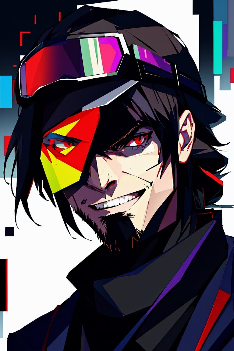 (masterpiece),he is facing front, long wavy black hair , red eyes, thin beard, turtleneck , slick collared trench coats with galaxies within it, black glove , black fedora , 25 years old of age, evil smile face expression ,bokeh , left side of his face glitched , depth_of_field , glitching ,low ploy, red green purple main color , half of the face got glitched , 