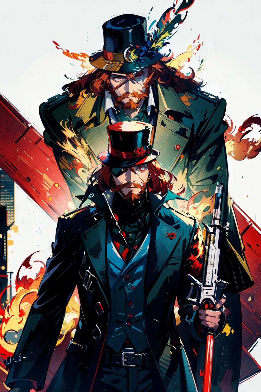 masterpiece,, (masterpiece, best quality:1.5), Handsome man wearing slick collared red trench coat , red full beard ,  turtle neck , neck-length red hair, wearing a red fedora , futuristic skyscrapers in the background ,] buildings , red glowing eye, [(white background:1.15)] ,weapon,midjourney, green flames,
