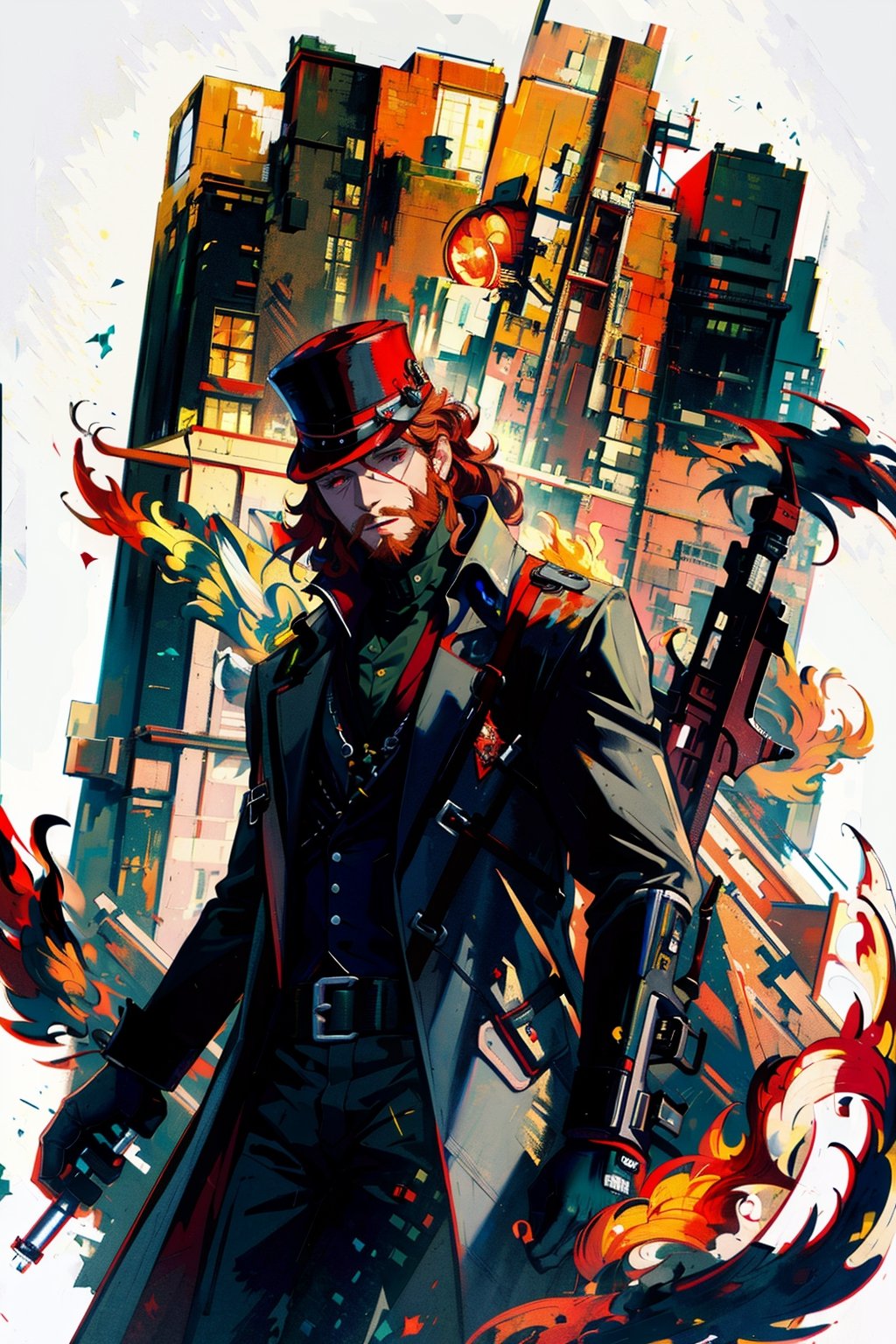 masterpiece,, (masterpiece, best quality:1.5), Handsome man wearing slick collared red trench coat , red full beard ,  turtle neck , neck-length red hair, wearing a red fedora , futuristic skyscrapers in the background ,] buildings , red glowing eye, [(white background:1.15)] ,weapon,midjourney, green flames, solo , mid,