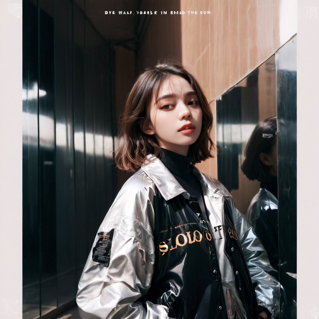 Visual Design, Poster, aesthetic, 1girl, solo, jacket, english text, reflection