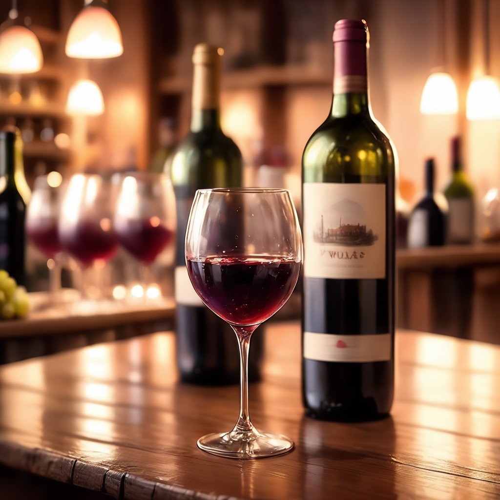 Realistic, Wine, aesthetic, blurry, cup, no humans, depth of field, blurry background, table, bottle, alcohol, drinking glass, realistic, glass, wine glass, wine, wine bottle, bar \(place\), still life