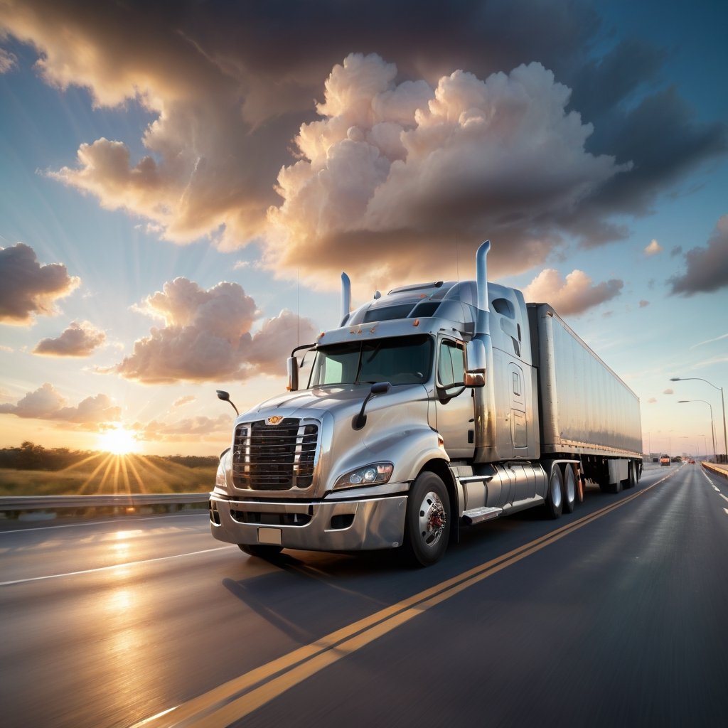 Realistic, Transportation, aesthetic, a semi-truck driving on a highway at sunset with clouds in the background, by David B. Mattingly, fine art, shutterstock, truck, trucks, istock, truck racing into camera, transportation design render, long highway