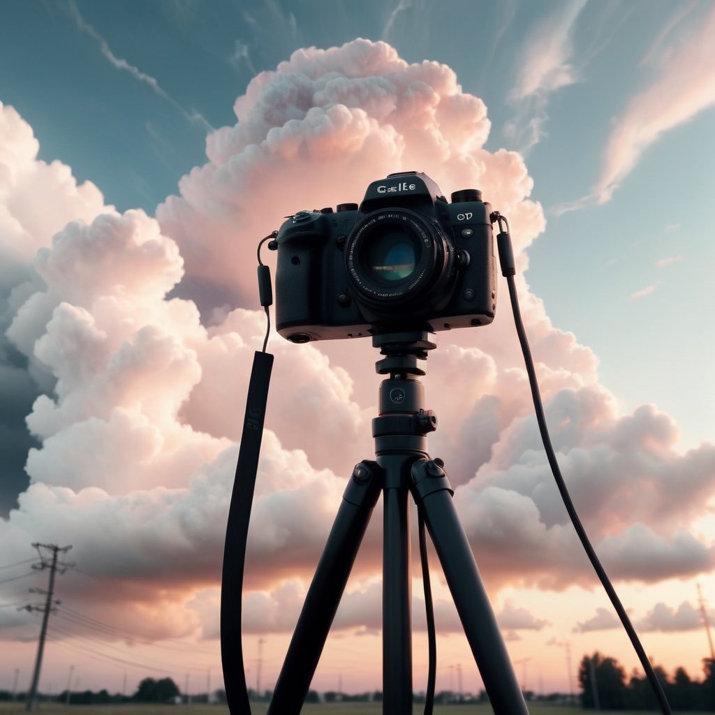 Realistic, Film, aesthetic, sky, cloud, blurry, no humans, camera, cable