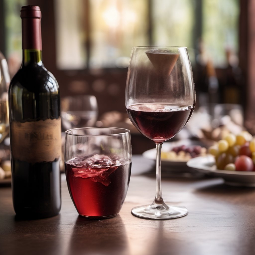 Realistic, Wine, aesthetic, blurry, cup, no humans, depth of field, blurry background, table, bottle, alcohol, drinking glass, realistic, glass, wine glass, wine, wine bottle, bar \(place\), still life