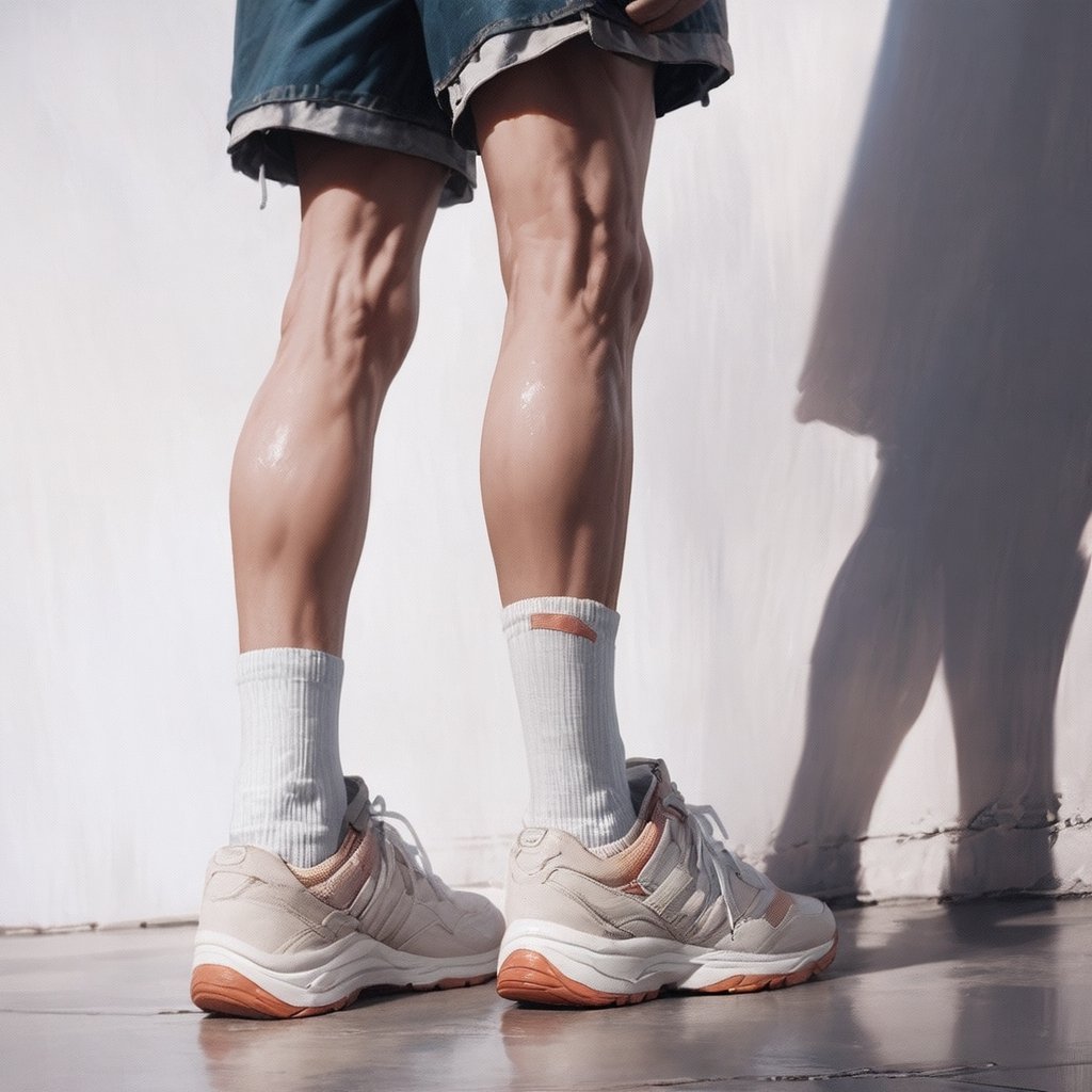 Realistic, Shoes, aesthetic, solo, 1boy, standing, male focus, shoes, shorts, socks, shadow, white footwear, sneakers, close-up, lower body