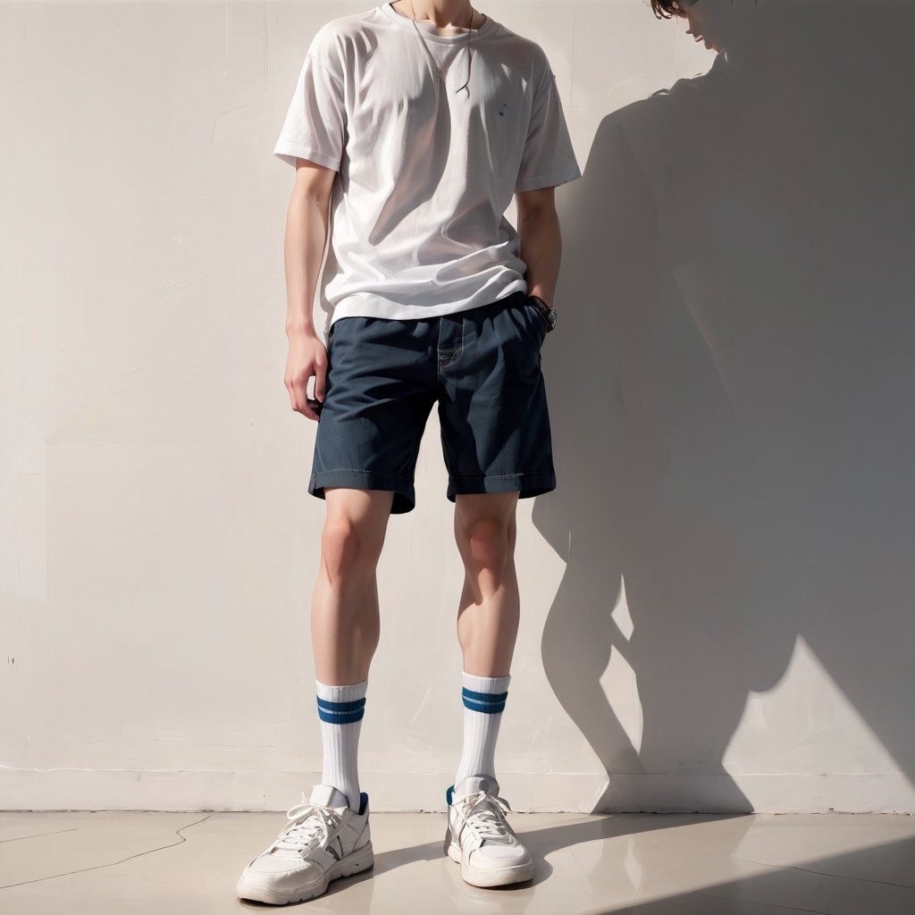 Realistic, Shoes, aesthetic, solo, 1boy, standing, male focus, shoes, shorts, socks, shadow, white footwear, sneakers, close-up, lower body