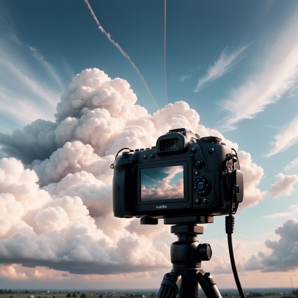 Realistic, Film, aesthetic, sky, cloud, blurry, no humans, camera, cable