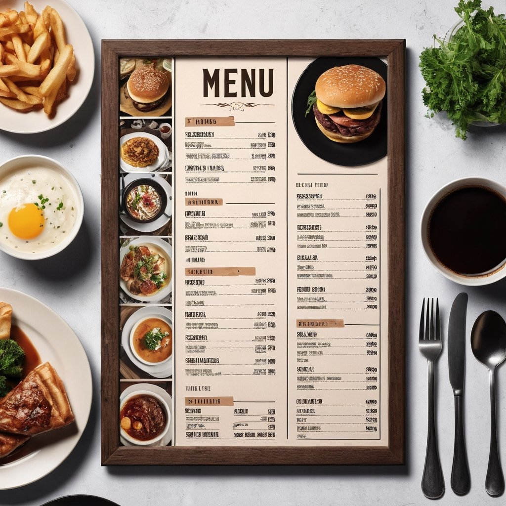 Visual Design, Menu, aesthetic, a menu for a restaurant with a variety of food items on the top of the, inspired by Konstantin Westchilov, a poster, international typographic style, restaurant menu photo, diner caffee, restaurant!!!, restaurant!, layout design, gourmet restaurant