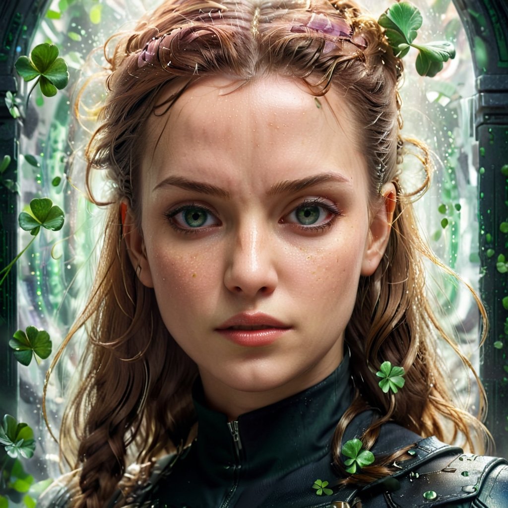 CELTS, Lucky Clover as Neo from the matrix, au naturel, hyper detailed, digital art, trending in artstation, cinematic lighting, studio quality, smooth render, unreal engine 5 rendered, octane rendered, art style by klimt and nixeu and ian sprigger and wlop and krenz Clover as Captain Marvel , western, D&D, fantasy, intricate, elegant, highly detailed, digital painting, artstation, concept art, matte, sharp focus, illustration, art by Artgerm and Greg Rutkowski and Alphonse Mucha