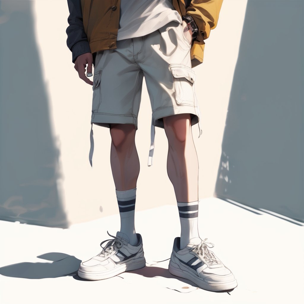 Realistic, Shoes, aesthetic, solo, 1boy, standing, male focus, shoes, shorts, socks, shadow, white footwear, sneakers, close-up, lower body