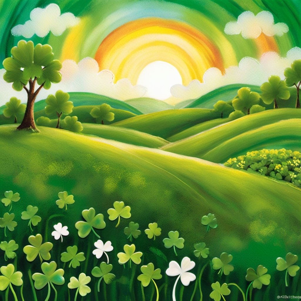 CELTS, Craft a stunning artwork that captures the essence of St. Patrick's Day with a focus on the iconic lucky clover (clover:1.3). Create a vibrant and whimsical scene (whimsical:1.2) featuring a lush green meadow (meadow:1.1) adorned with blooming clovers. Let the sunlight (sunlight:1.2) gently illuminate the scene, casting a warm and inviting glow. Infuse the artwork with a sense of joy and luck, celebrating the magic of St. Patrick's Day.