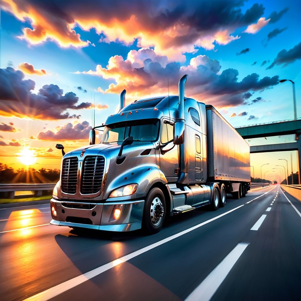 Realistic, Transportation, aesthetic, a semi-truck driving on a highway at sunset with clouds in the background, by David B. Mattingly, fine art, shutterstock, truck, trucks, istock, truck racing into camera, transportation design render, long highway