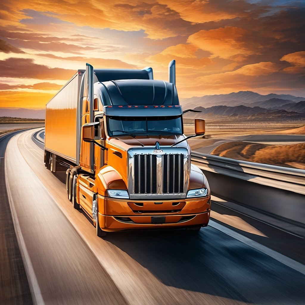 Realistic, Transportation, aesthetic, a semi-truck driving on a highway at sunset with clouds in the background, by David B. Mattingly, fine art, shutterstock, truck, trucks, istock, truck racing into camera, transportation design render, long highway