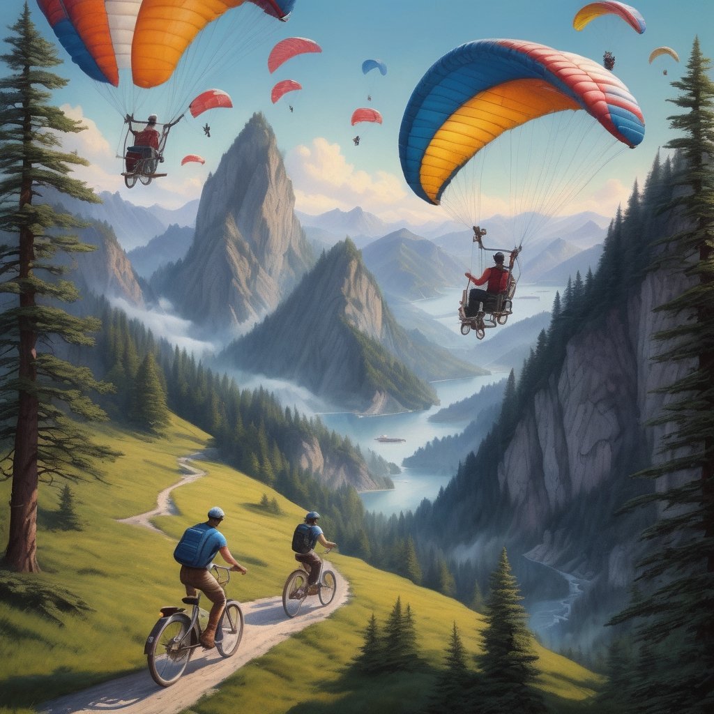 Realistic, Exciting, aesthetic, a painting of people in the mountains with paragliders, bicycles, and, inspired by Rob Gonsalves, an ultrafine detailed painting, cg society contest winner, high detailed illustration, epic full color illustration, higher detailed illustration, highly-detailed illustration, very detailed illustration, highly detailed illustration