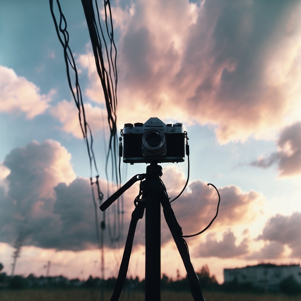 Realistic, Film, aesthetic, sky, cloud, blurry, no humans, camera, cable