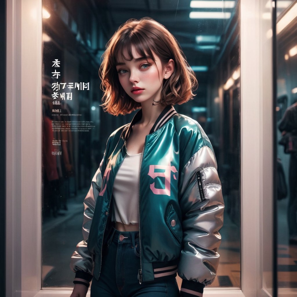 Visual Design, Poster, aesthetic, 1girl, solo, jacket, english text, reflection