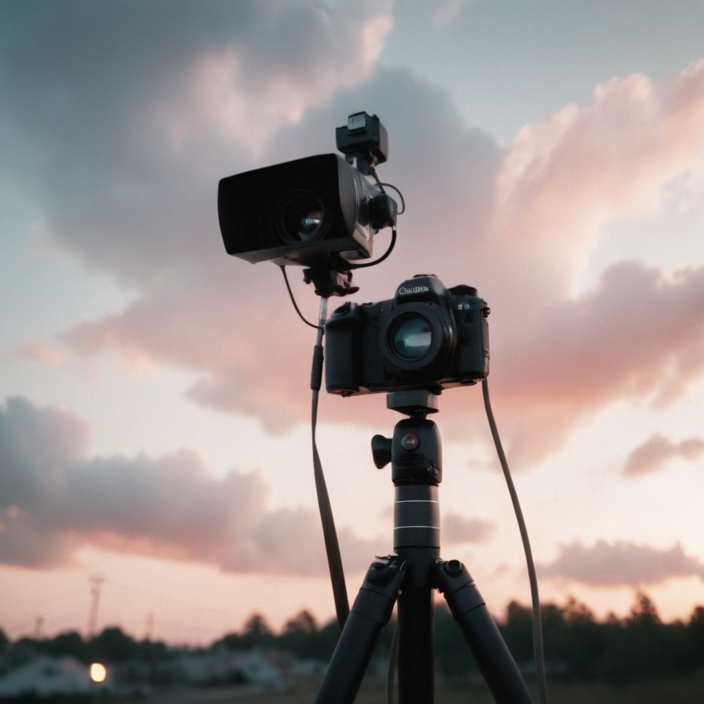 Realistic, Film, aesthetic, sky, cloud, blurry, no humans, camera, cable