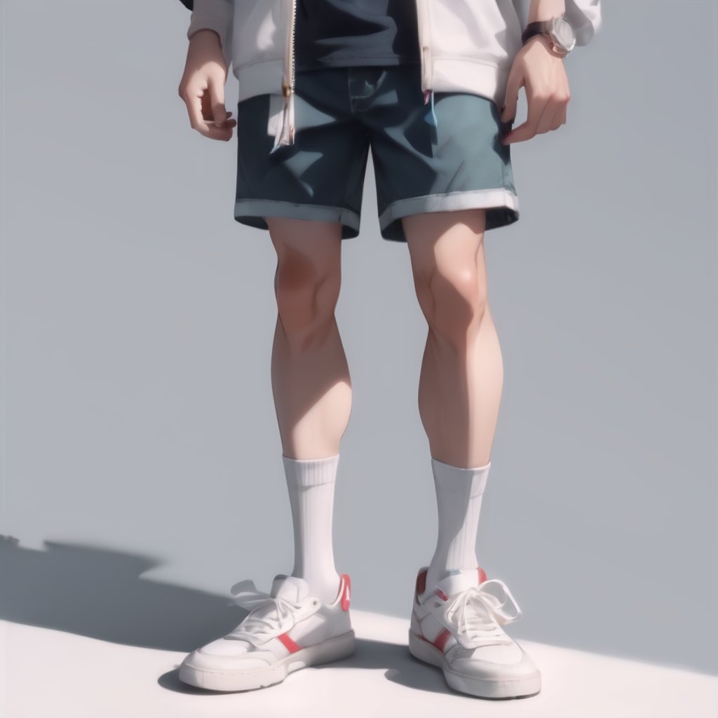 Realistic, Shoes, aesthetic, solo, 1boy, standing, male focus, shoes, shorts, socks, shadow, white footwear, sneakers, close-up, lower body