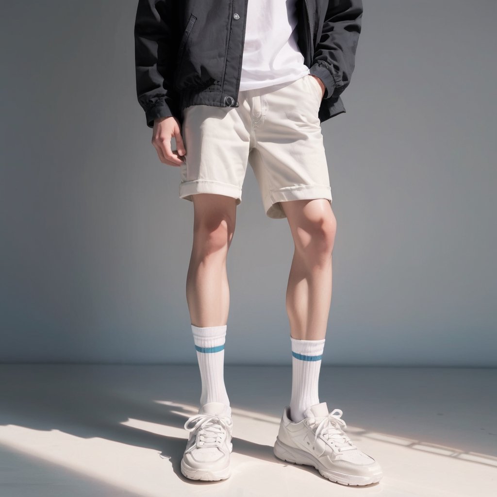 Realistic, Shoes, aesthetic, solo, 1boy, standing, male focus, shoes, shorts, socks, shadow, white footwear, sneakers, close-up, lower body