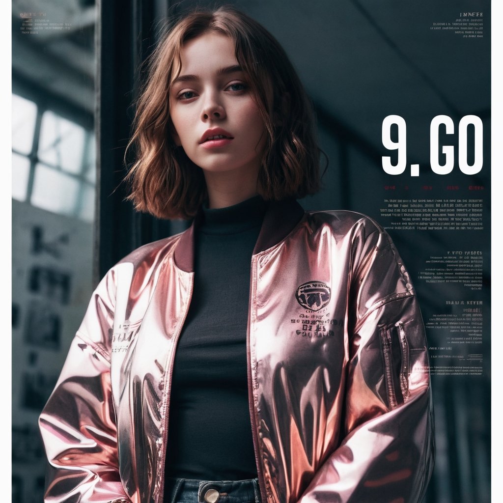 Visual Design, Poster, aesthetic, 1girl, solo, jacket, english text, reflection
