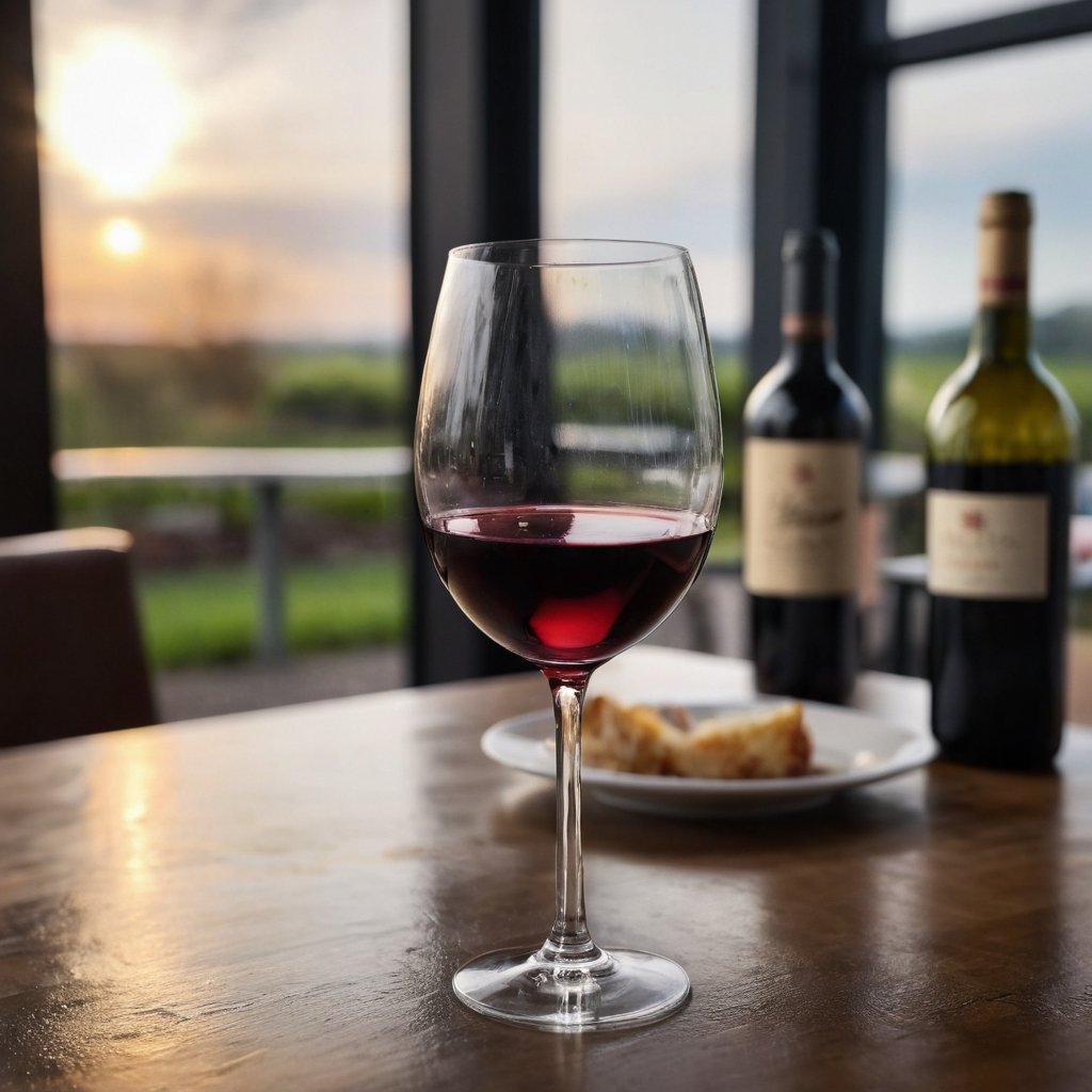 Realistic, Wine, aesthetic, blurry, cup, no humans, depth of field, blurry background, table, bottle, alcohol, drinking glass, realistic, glass, wine glass, wine, wine bottle, bar \(place\), still life