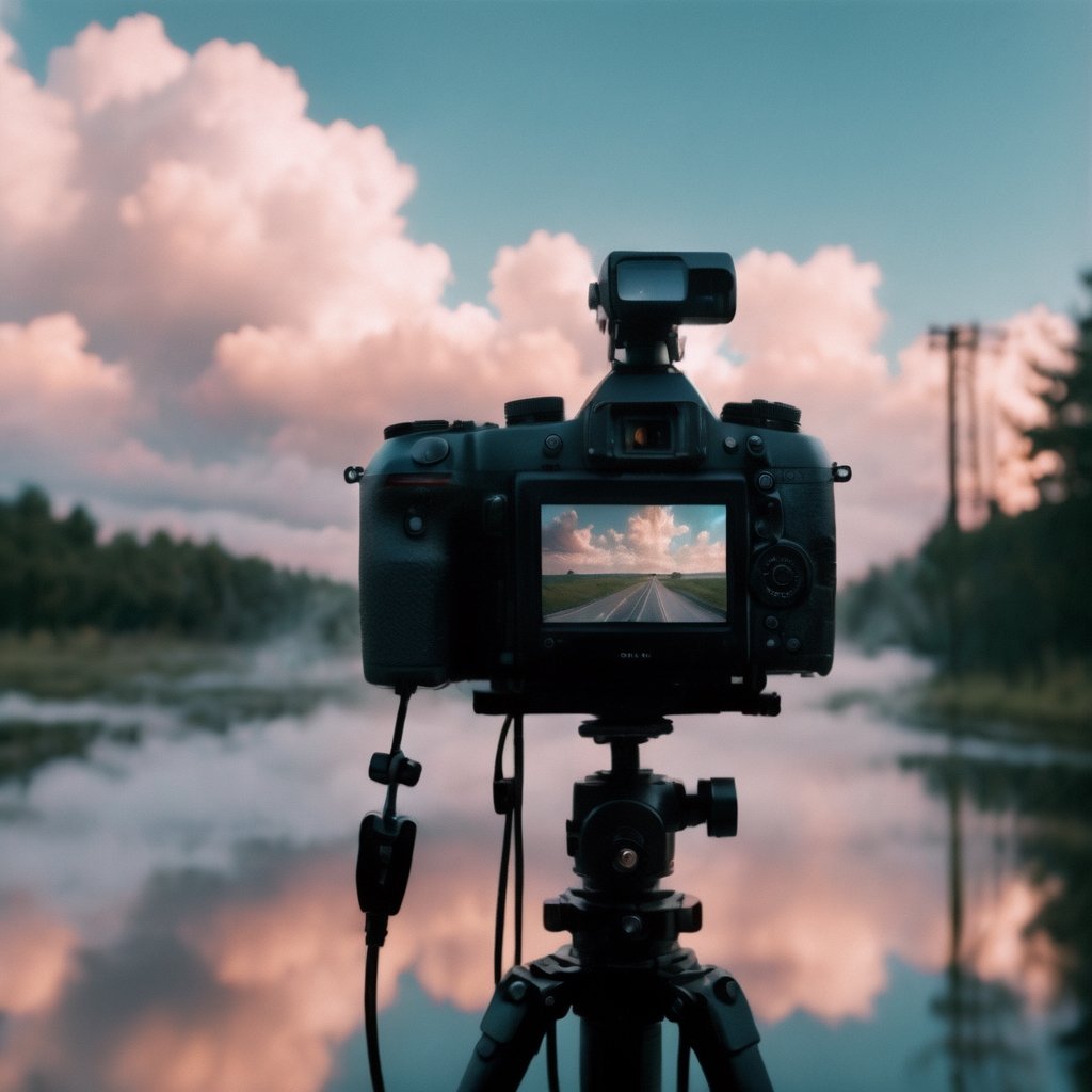 Realistic, Film, aesthetic, sky, cloud, blurry, no humans, camera, cable