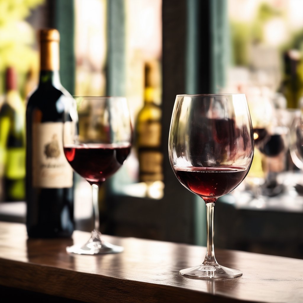 Realistic, Wine, aesthetic, blurry, cup, no humans, depth of field, blurry background, table, bottle, alcohol, drinking glass, realistic, glass, wine glass, wine, wine bottle, bar \(place\), still life