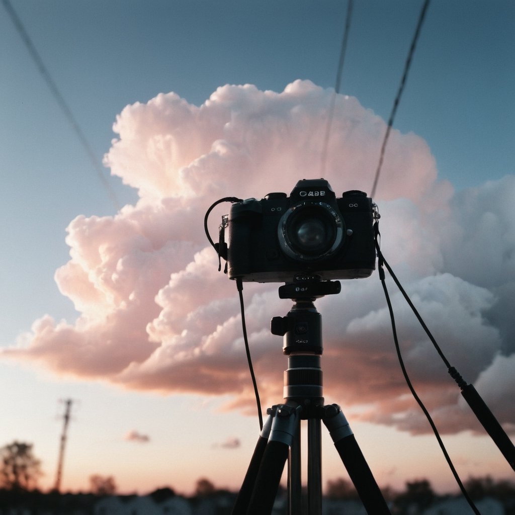 Realistic, Film, aesthetic, sky, cloud, blurry, no humans, camera, cable