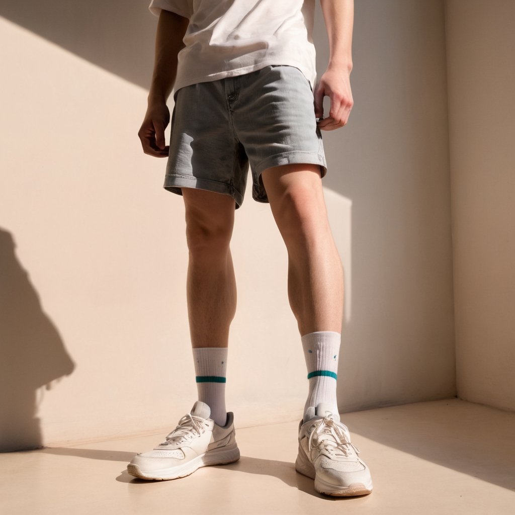 Realistic, Shoes, aesthetic, solo, 1boy, standing, male focus, shoes, shorts, socks, shadow, white footwear, sneakers, close-up, lower body