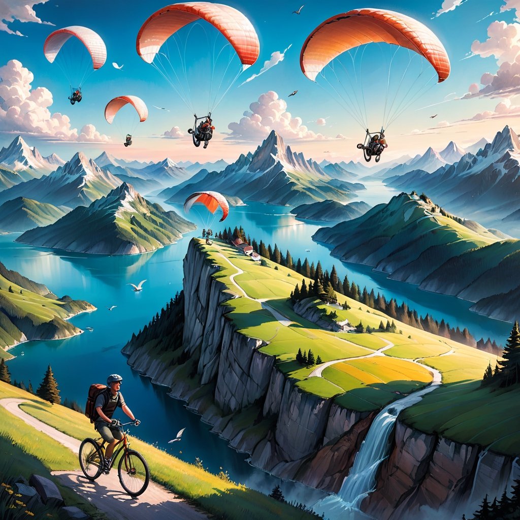 Realistic, Exciting, aesthetic, a painting of people in the mountains with paragliders, bicycles, and, inspired by Rob Gonsalves, an ultrafine detailed painting, cg society contest winner, high detailed illustration, epic full color illustration, higher detailed illustration, highly-detailed illustration, very detailed illustration, highly detailed illustration