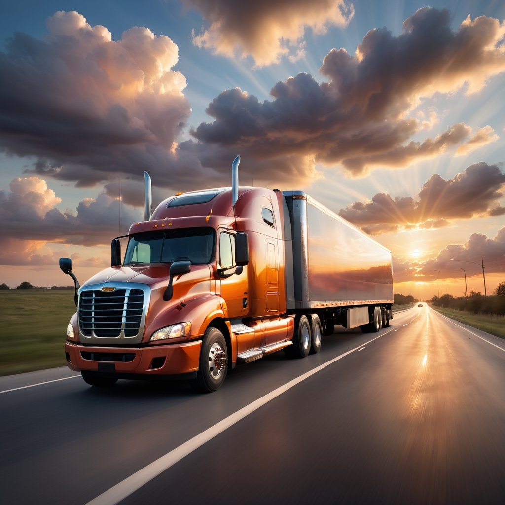 Realistic, Transportation, aesthetic, a semi-truck driving on a highway at sunset with clouds in the background, by David B. Mattingly, fine art, shutterstock, truck, trucks, istock, truck racing into camera, transportation design render, long highway