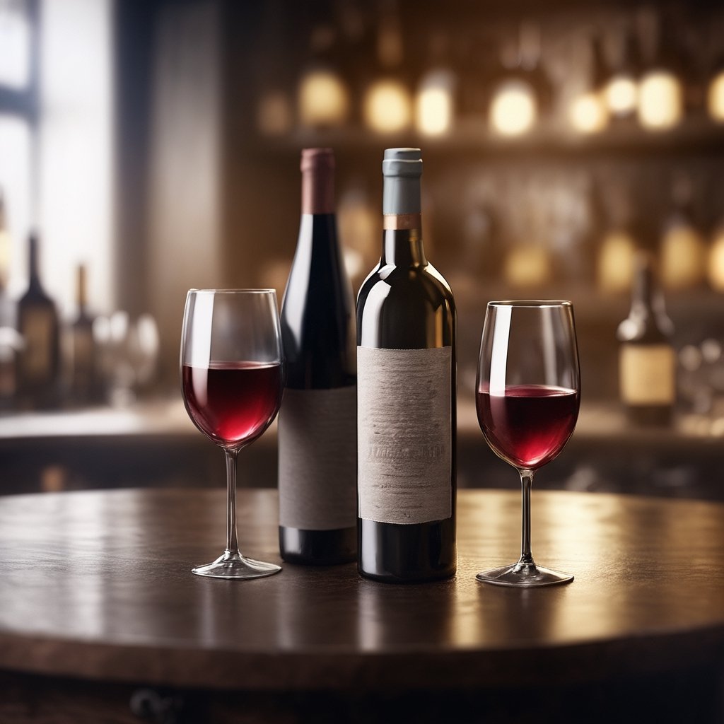Realistic, Wine, aesthetic, blurry, cup, no humans, depth of field, blurry background, table, bottle, alcohol, drinking glass, realistic, glass, wine glass, wine, wine bottle, bar \(place\), still life