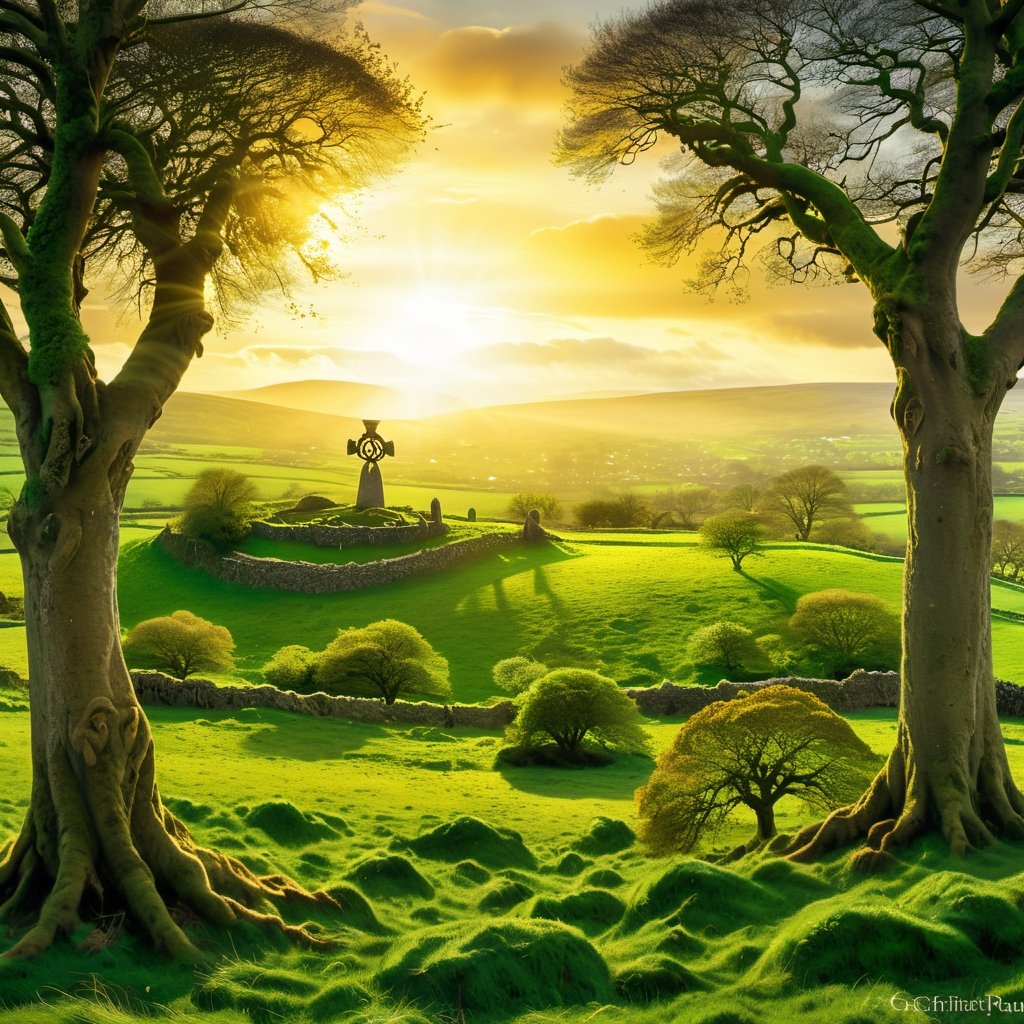 CELTS, Capture the enchanting spirit of St. Patrick's Day with a mesmerizing photograph of a lush, emerald landscape (landscape:1.2) bathed in golden sunlight (golden:1.1). Include a traditional Celtic symbol (symbol:1.3) subtly integrated into the scene, evoking the magic and folklore of Ireland. Let your imagination run wild and create a captivating image that celebrates the rich heritage of St. Patrick's Day.