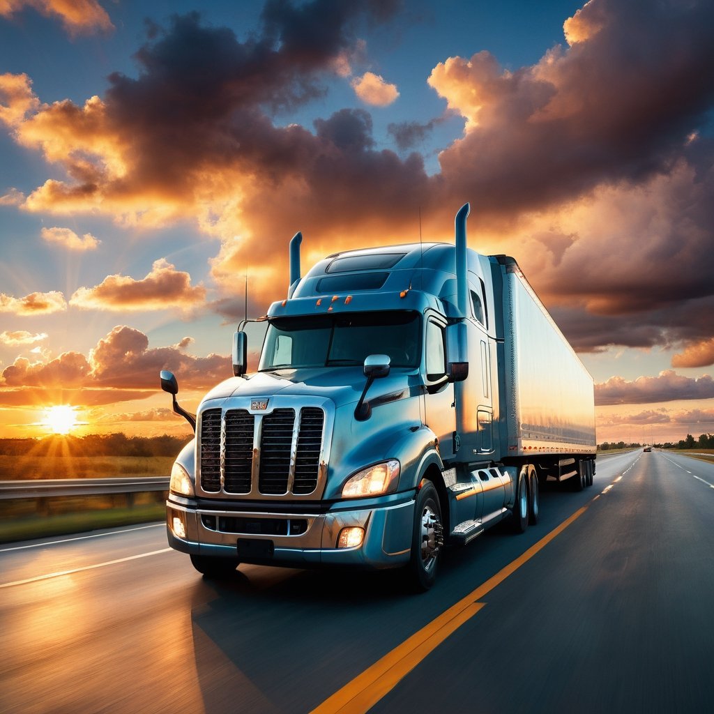 Realistic, Transportation, aesthetic, a semi-truck driving on a highway at sunset with clouds in the background, by David B. Mattingly, fine art, shutterstock, truck, trucks, istock, truck racing into camera, transportation design render, long highway