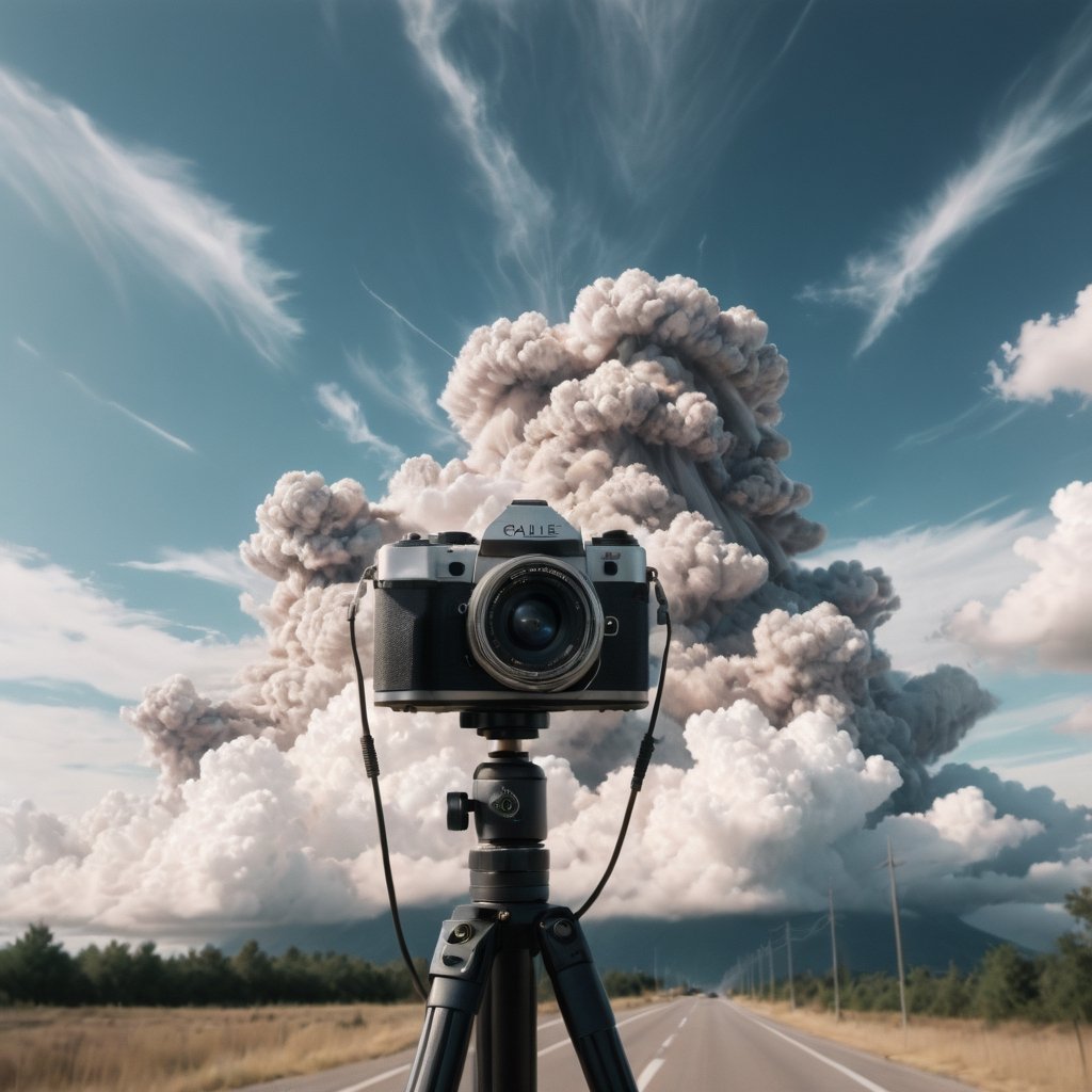 Realistic, Film, aesthetic, sky, cloud, blurry, no humans, camera, cable