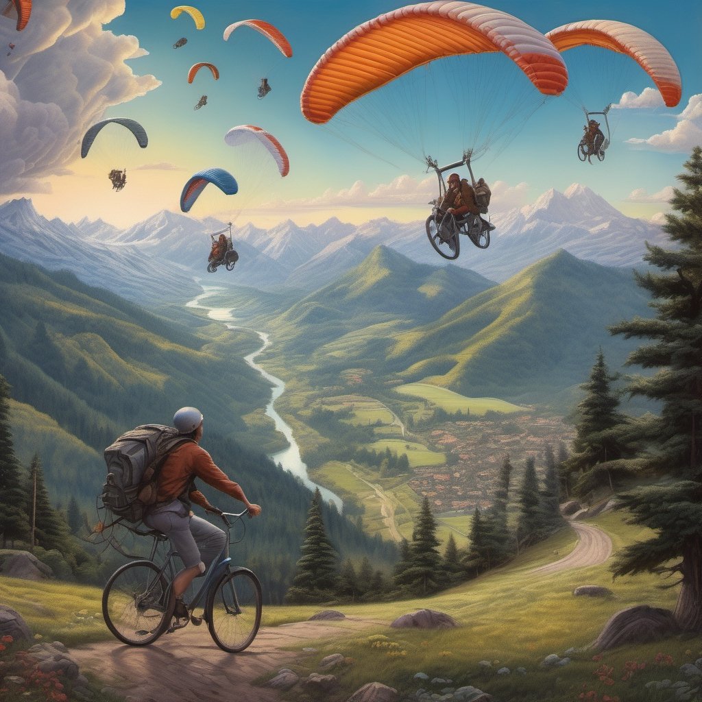 Realistic, Exciting, aesthetic, a painting of people in the mountains with paragliders, bicycles, and, inspired by Rob Gonsalves, an ultrafine detailed painting, cg society contest winner, high detailed illustration, epic full color illustration, higher detailed illustration, highly-detailed illustration, very detailed illustration, highly detailed illustration