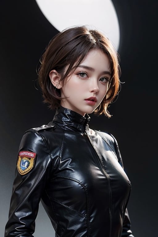hight detailed, short brown hair, soldier woman, pretty oval face, stands in black cybersuit 